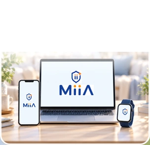 手機、筆電與穿戴裝置上的 MiiA 品牌畫面