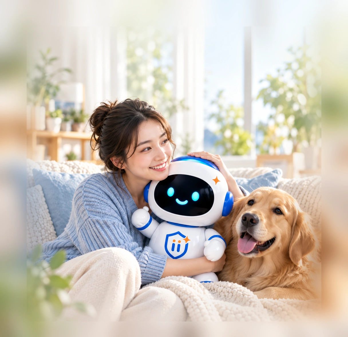 女性與 MiiA Robot、黃金獵犬相伴的溫暖生活情境