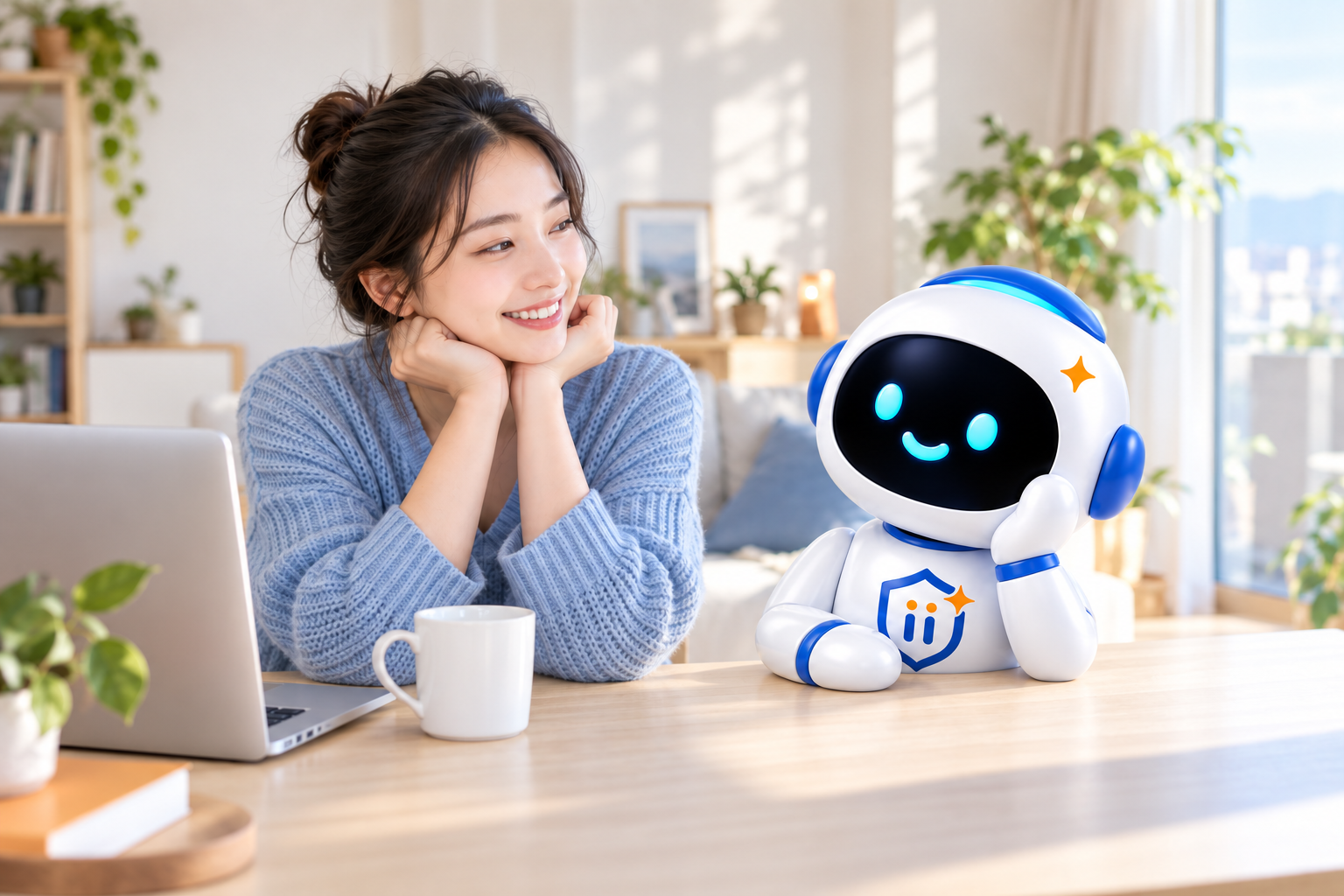 明亮居家情境中的女性與 MiiA Robot